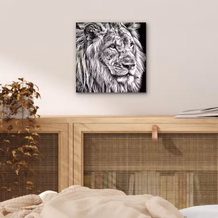 Portret - Leeuw - Zwart wit aluminium wit klein -sfeer3