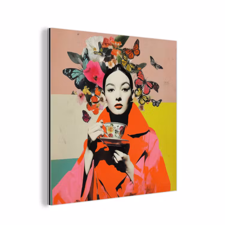 Retro - Vrouw - Kopje - Vlinders aluminium wit klein -3d