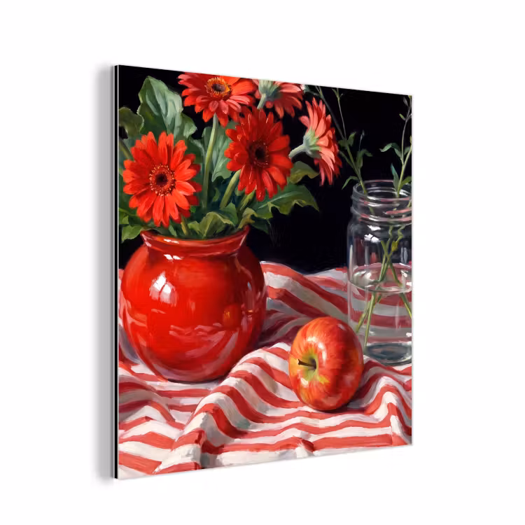 Aluminium schilderij - Rode bloemen - Vaas - Rode bloemen - Vaas aluminium wit klein