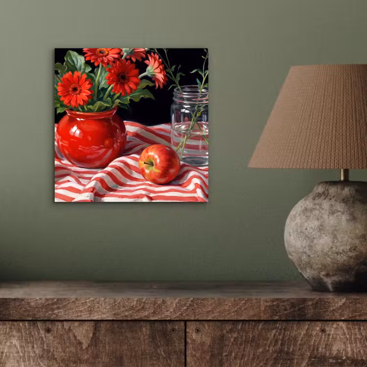 Aluminium schilderij - Rode bloemen - Vaas - Rode bloemen - Vaas aluminium wit klein