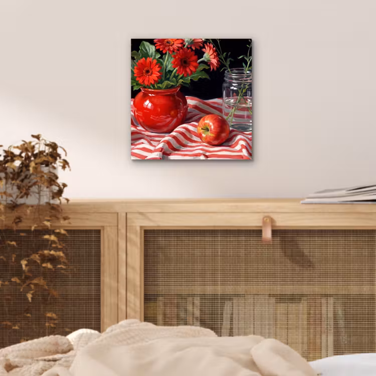 Aluminium schilderij - Rode bloemen - Vaas - Rode bloemen - Vaas aluminium wit klein