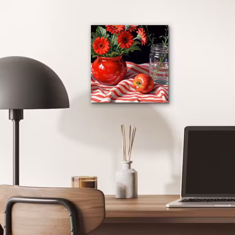 Aluminium schilderij - Rode bloemen - Vaas - Rode bloemen - Vaas aluminium wit klein