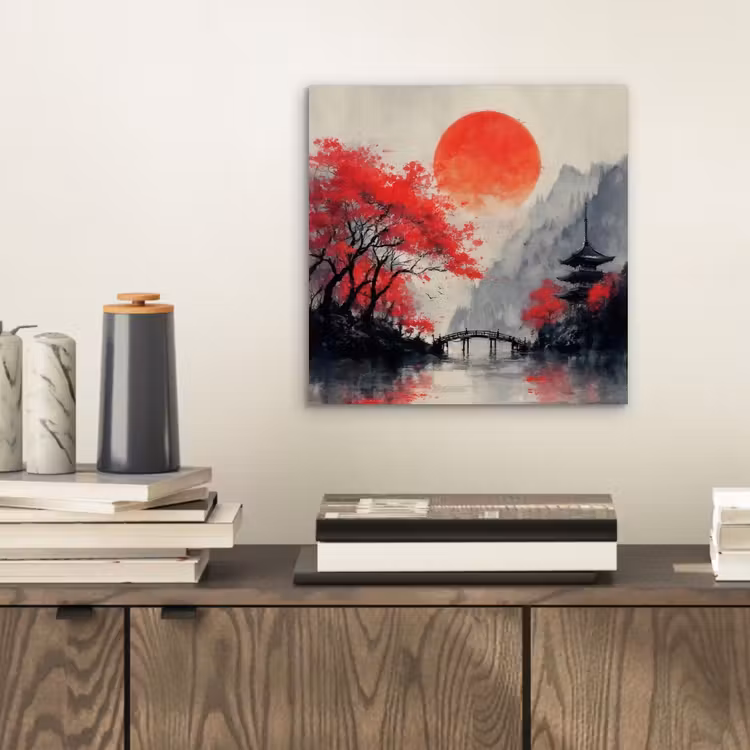 Rode zon - Rivier - brug - Bomen aluminium wit klein -sfeer1
