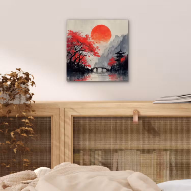 Rode zon - Rivier - brug - Bomen aluminium wit klein -sfeer3