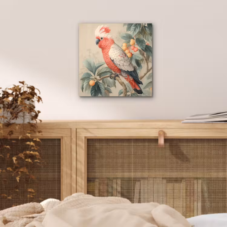 Roze kuifkaketoe - Tak met vruchten - Bladeren aluminium wit klein -sfeer3