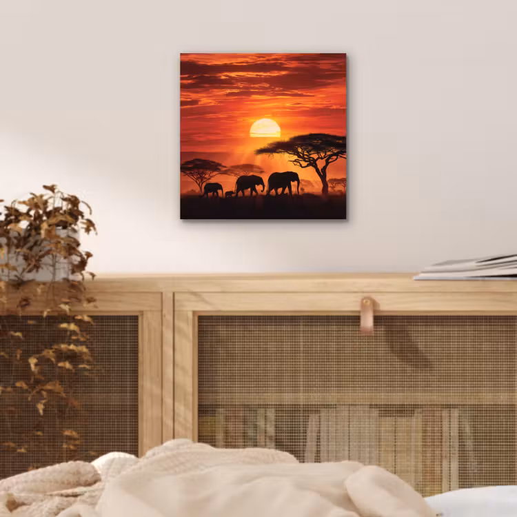 Savanne - Olifanten - Zonsondergang aluminium wit klein -sfeer3