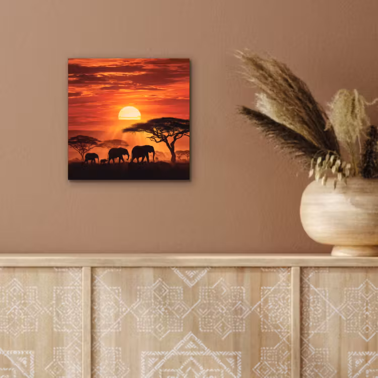 Savanne - Olifanten - Zonsondergang aluminium wit klein -sfeer4