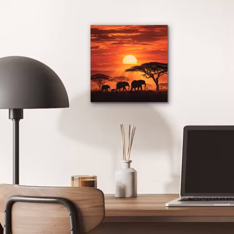 Savanne - Olifanten - Zonsondergang aluminium wit klein -sfeer5