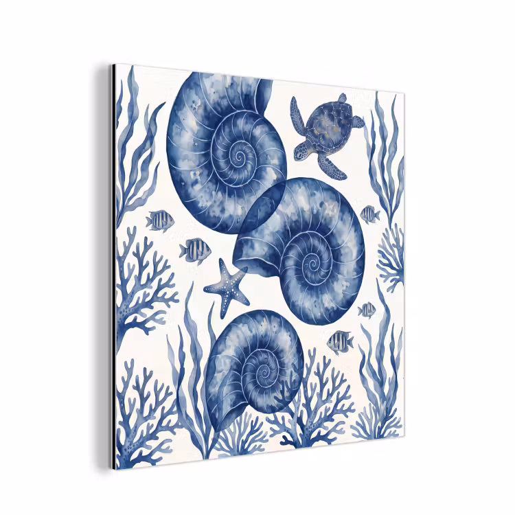 Schelp - Spiraal - Zeeleven - Aquarel - Blauw aluminium wit klein -3d