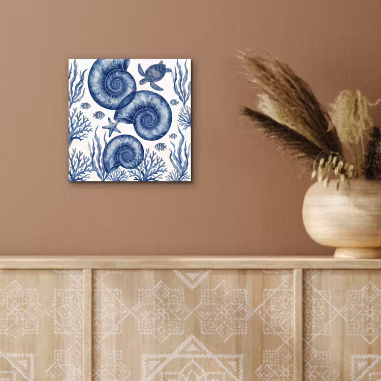 Schelp - Spiraal - Zeeleven - Aquarel - Blauw aluminium wit klein -sfeer4