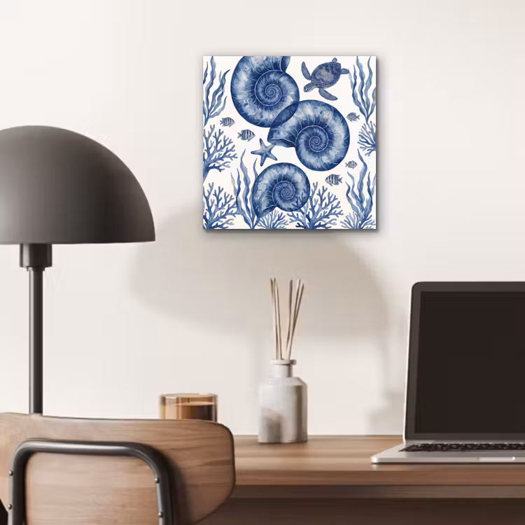Schelp - Spiraal - Zeeleven - Aquarel - Blauw aluminium wit klein -sfeer5