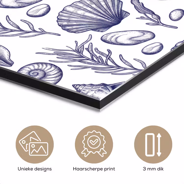 Schelpen - Zeewier - Oceaan - Illustratie - Blauw aluminium wit klein -closeup_NL