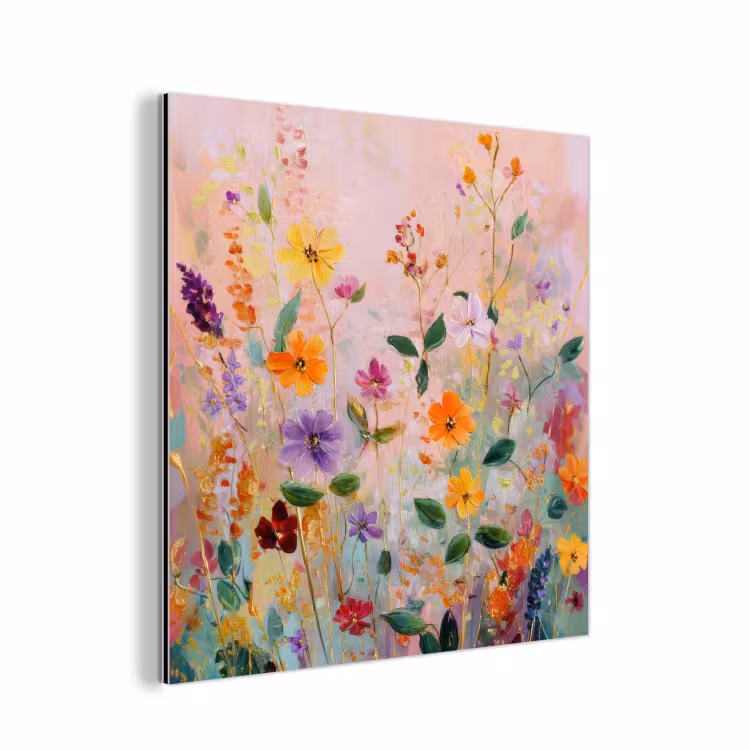 Schilderij - Bloemen - Abstract - Kleurrijk aluminium wit klein -3d