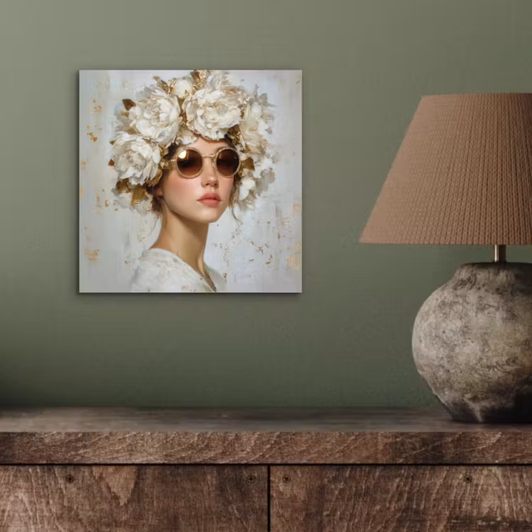 Schilderij - Vrouw - Zonnebril - Bloemenkrans aluminium wit klein -sfeer2
