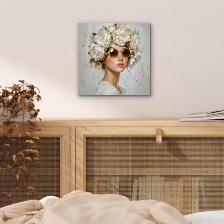Schilderij - Vrouw - Zonnebril - Bloemenkrans aluminium wit klein -sfeer3
