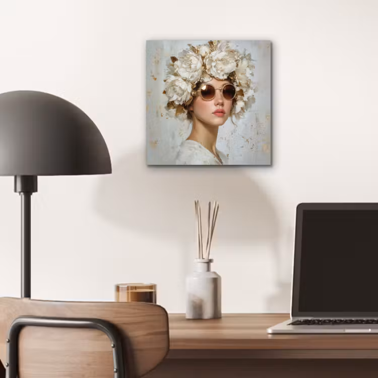 Schilderij - Vrouw - Zonnebril - Bloemenkrans aluminium wit klein -sfeer5