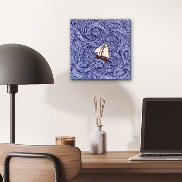 Schip - Golven - Zee - Illustratie - Blauw aluminium wit klein -sfeer5