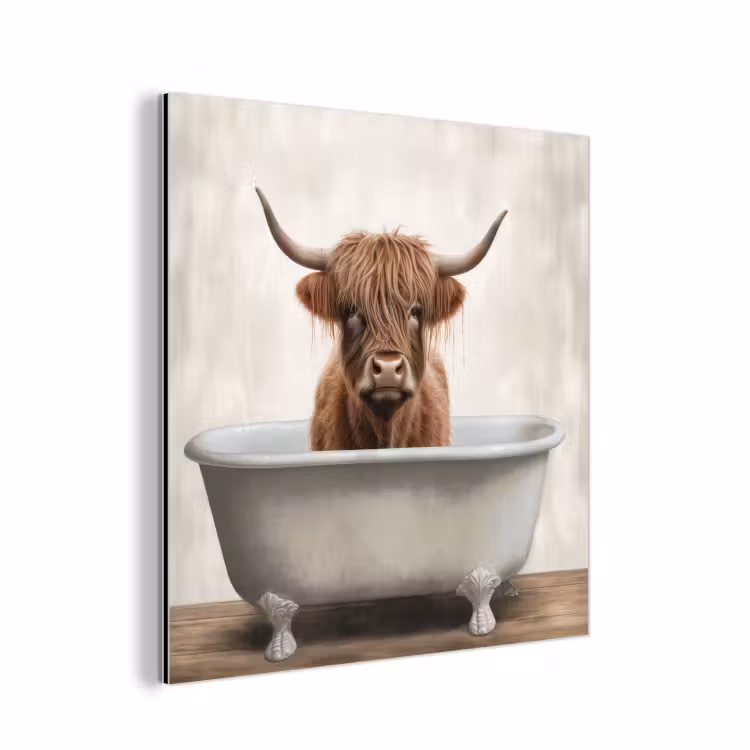 Schotse hooglander - Bad - Badkamer - Badkuip - Bruin - Horens aluminium wit klein -3d