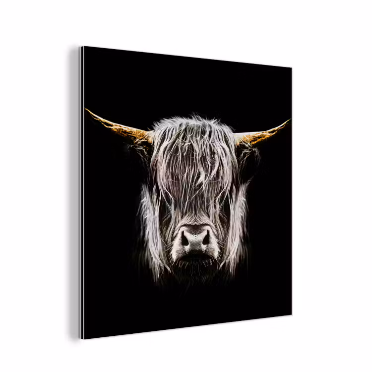 Schotse hooglander - Goud - Hoorns - Zwart wit - Koe - Dieren aluminium wit klein -3d
