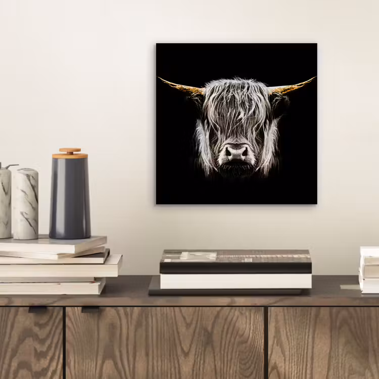 Schotse hooglander - Goud - Hoorns - Zwart wit - Koe - Dieren aluminium wit klein -sfeer1