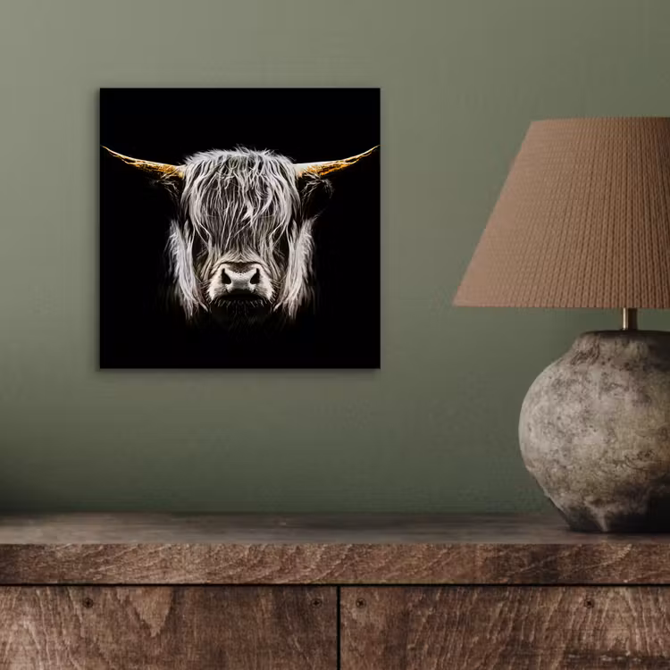 Schotse hooglander - Goud - Hoorns - Zwart wit - Koe - Dieren aluminium wit klein -sfeer2
