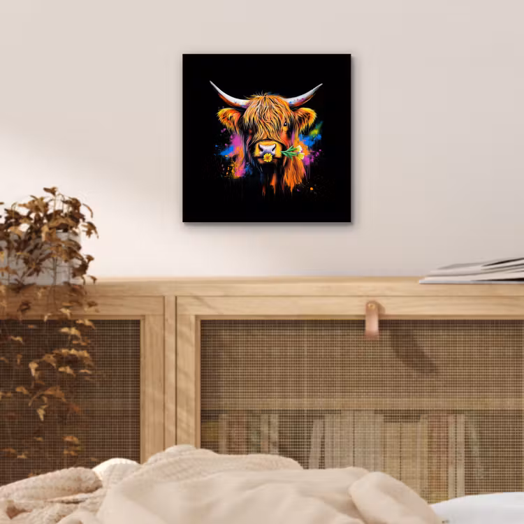 Schotse Hooglander - Graffiti - Kleurrijk - Bloem - Dieren aluminium wit klein -sfeer3