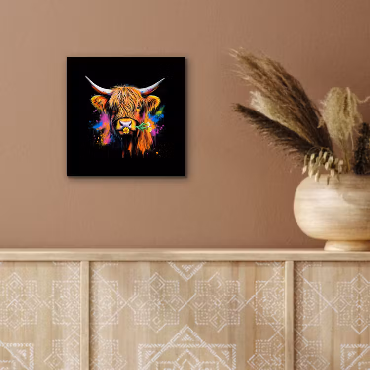 Schotse Hooglander - Graffiti - Kleurrijk - Bloem - Dieren aluminium wit klein -sfeer4