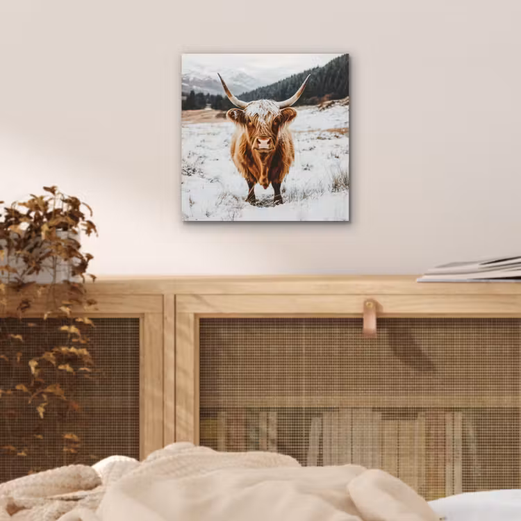Schotse Hooglander - Landschap - Sneeuw - Bergen - Winter aluminium wit klein -sfeer3