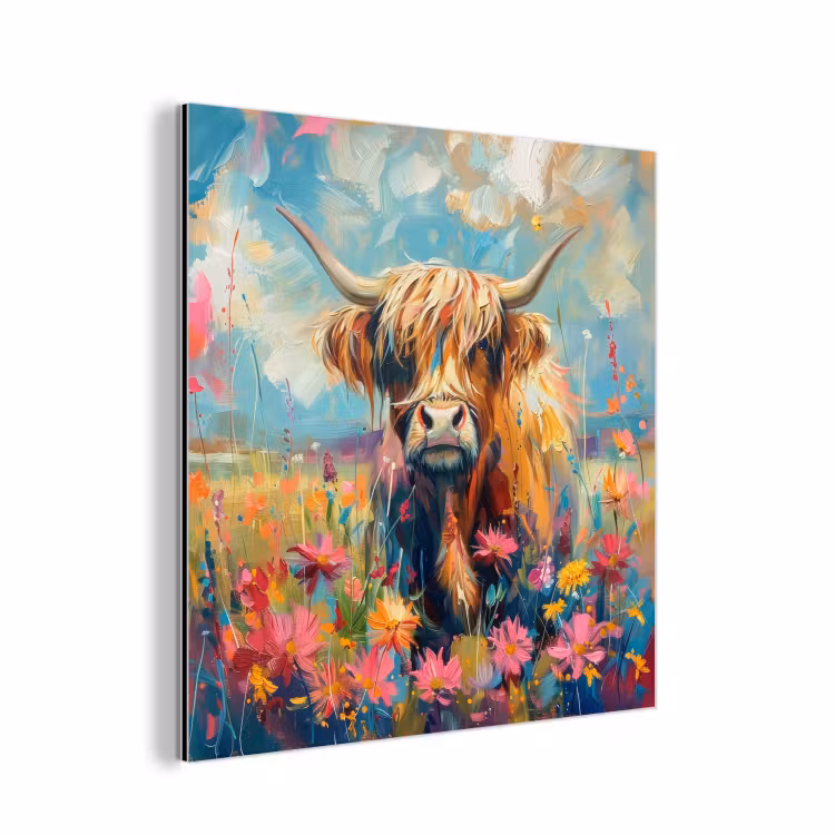 Schotse hooglander - Natuur - Kleurrijk - Bloemen aluminium wit klein -3d
