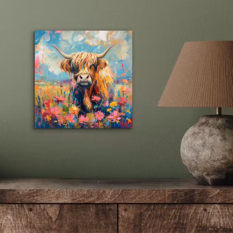 Schotse hooglander - Natuur - Kleurrijk - Bloemen aluminium wit klein -sfeer2