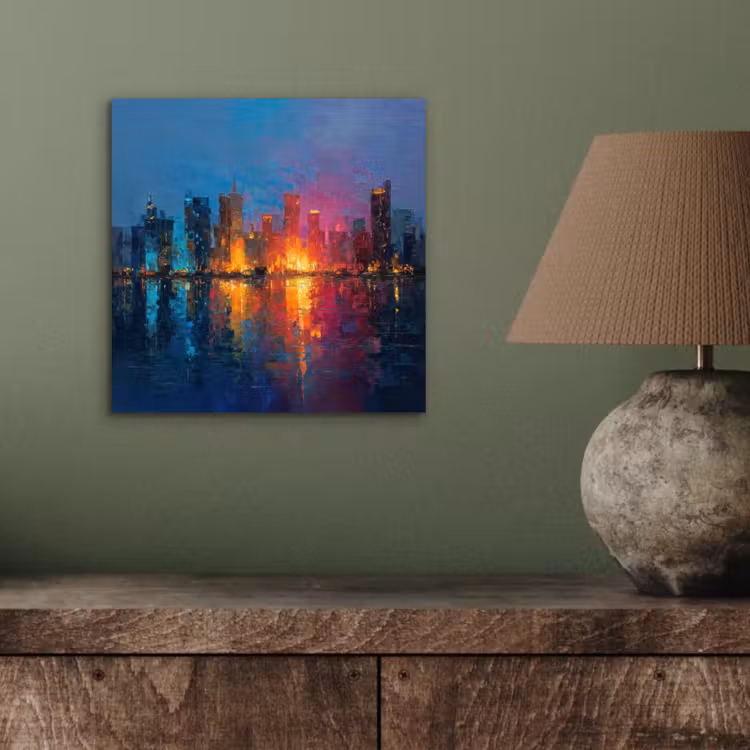 Skyline - Penseelstreken - Donkerblauw - Lichtgevend aluminium wit klein -sfeer2