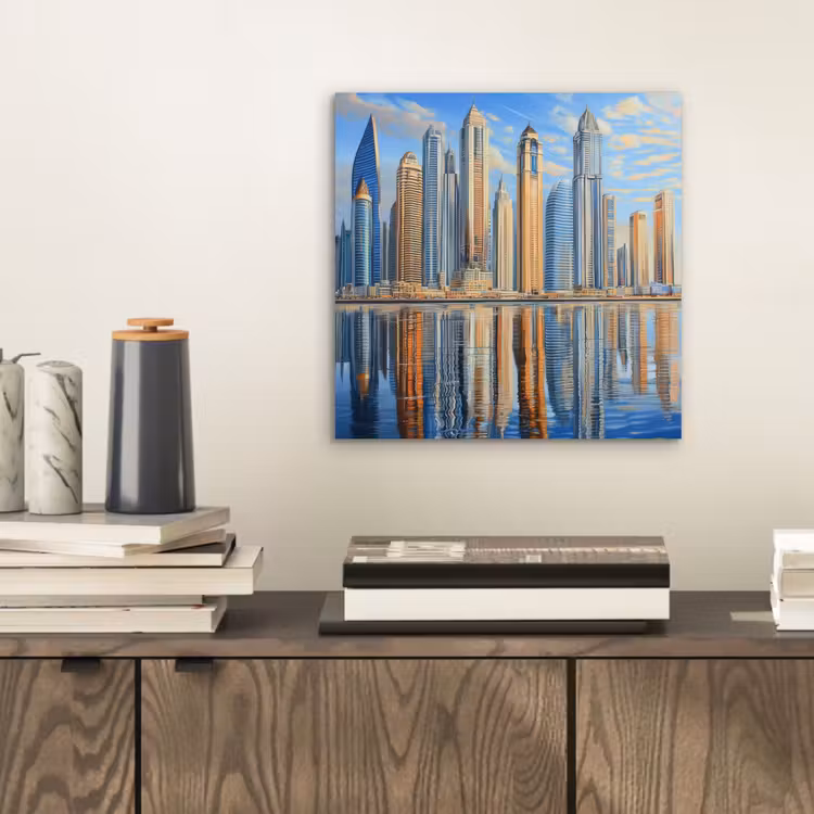 Skyline - Wolkenkrabbers - Water - Blauw aluminium wit klein -sfeer1