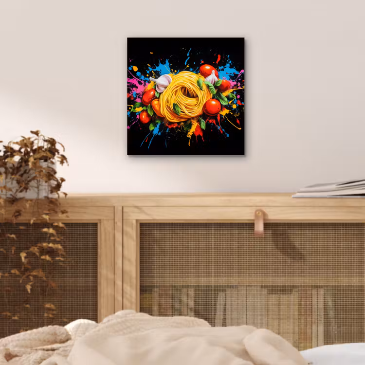Spaghetti - Graffiti - Verf - Kleurrijk - Eten - Modern aluminium wit klein -sfeer3