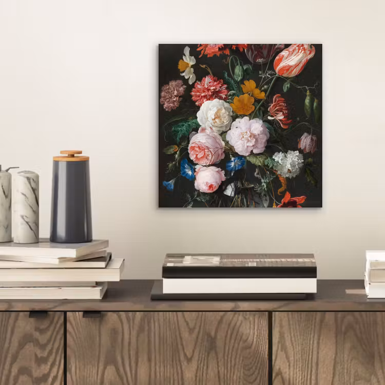Stilleven met bloemen in een glazen vaas - Schilderij van Jan Davidsz. de Heem aluminium wit klein -sfeer1