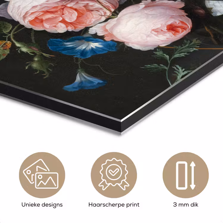 Stilleven met bloemen in een glazen vaas - Schilderij van Jan Davidsz. de Heem aluminium wit klein -closeup_NL
