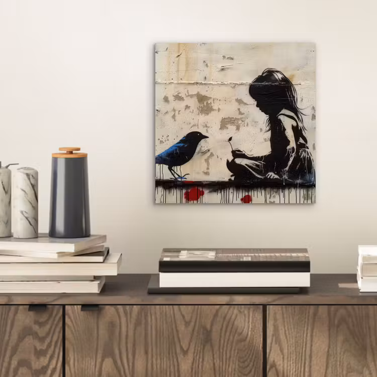 Street art - Meisje - Vogel - Graffiti - Banksy aluminium wit klein -sfeer1
