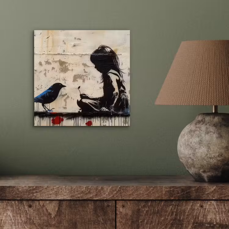 Street art - Meisje - Vogel - Graffiti - Banksy aluminium wit klein -sfeer2