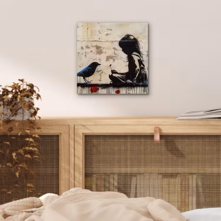 Street art - Meisje - Vogel - Graffiti - Banksy aluminium wit klein -sfeer3