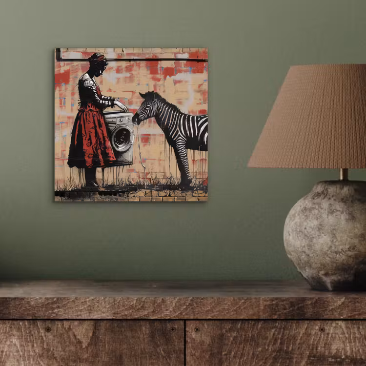 Street art - Zebra - Vrouw - Dieren - Graffiti - Banksy aluminium wit klein -sfeer2