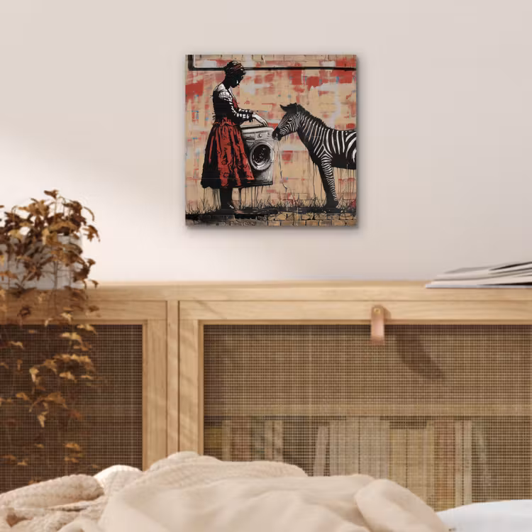 Street art - Zebra - Vrouw - Dieren - Graffiti - Banksy aluminium wit klein -sfeer3