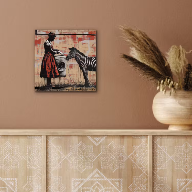 Street art - Zebra - Vrouw - Dieren - Graffiti - Banksy aluminium wit klein -sfeer4