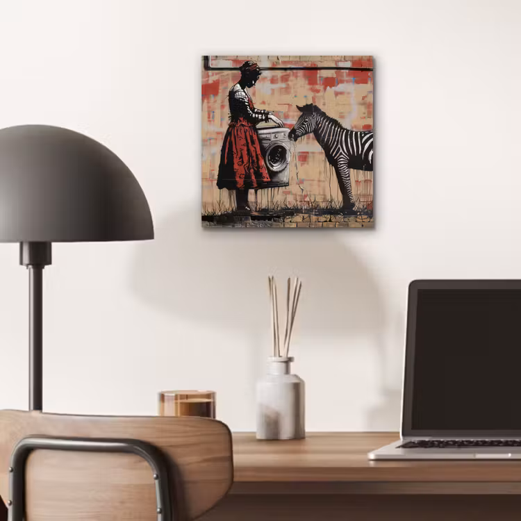 Street art - Zebra - Vrouw - Dieren - Graffiti - Banksy aluminium wit klein -sfeer5