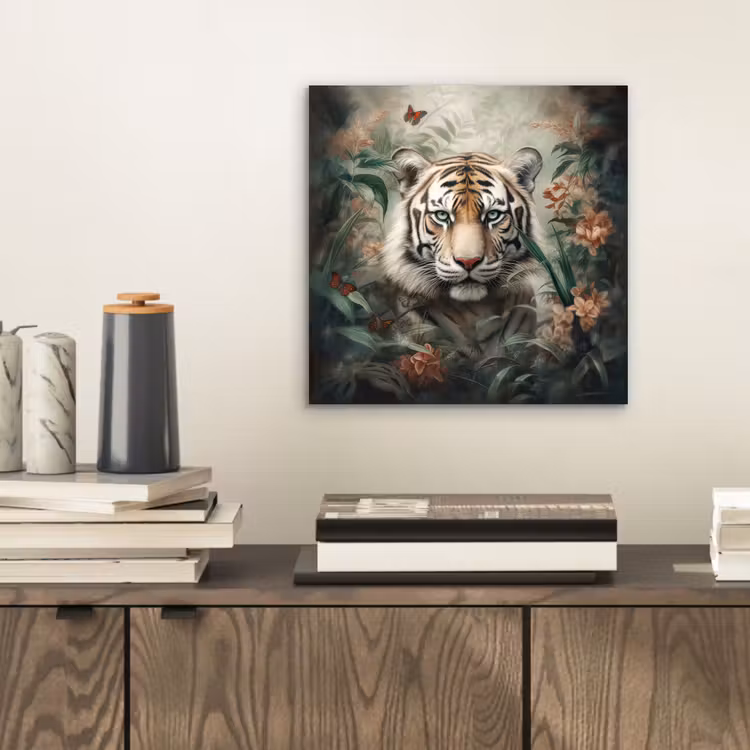 Tijger - Vlinders - Dieren - Jungle - Bloemen aluminium wit klein -sfeer1