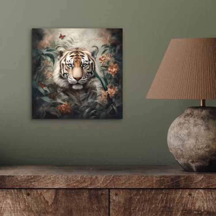 Tijger - Vlinders - Dieren - Jungle - Bloemen aluminium wit klein -sfeer2