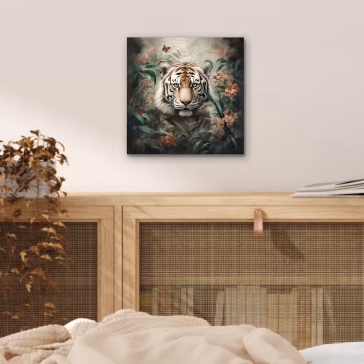 Tijger - Vlinders - Dieren - Jungle - Bloemen aluminium wit klein -sfeer3