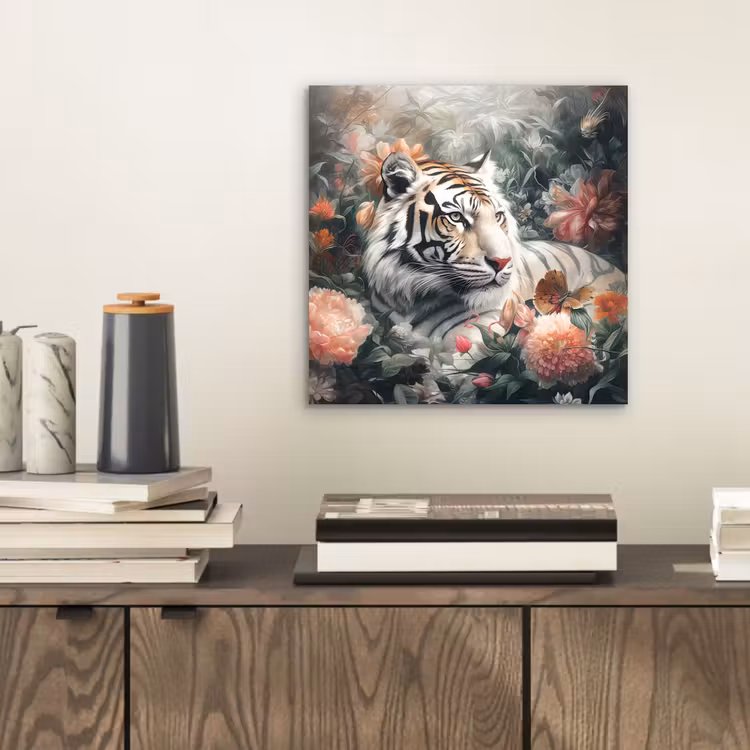Tijger - Wilde dieren - Bloemen - Jungle aluminium wit klein -sfeer1