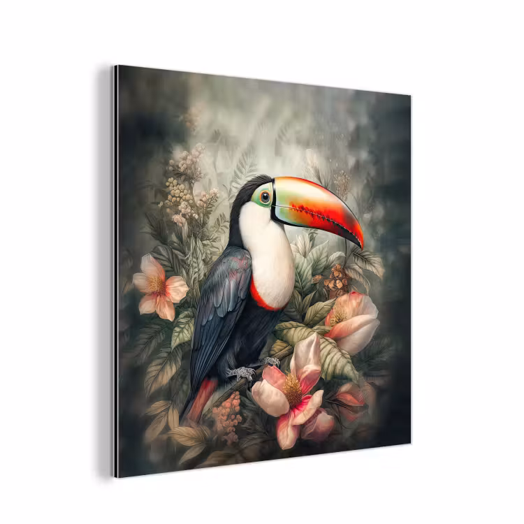 Toekan - Vogels - Bloemen - Planten - Tropisch aluminium wit klein -3d