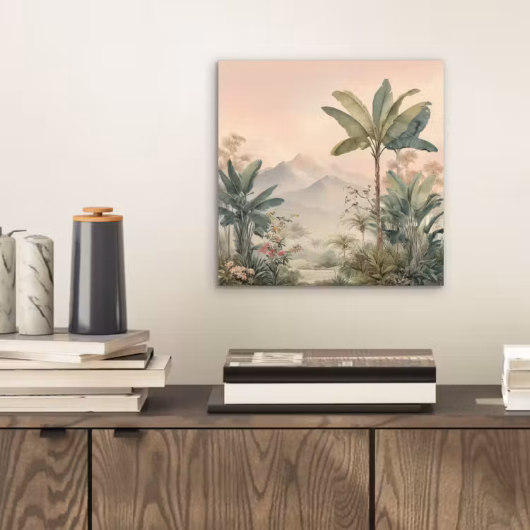 Tropisch landschap - palmbomen - Bloemen - Roze lucht aluminium wit klein -sfeer1