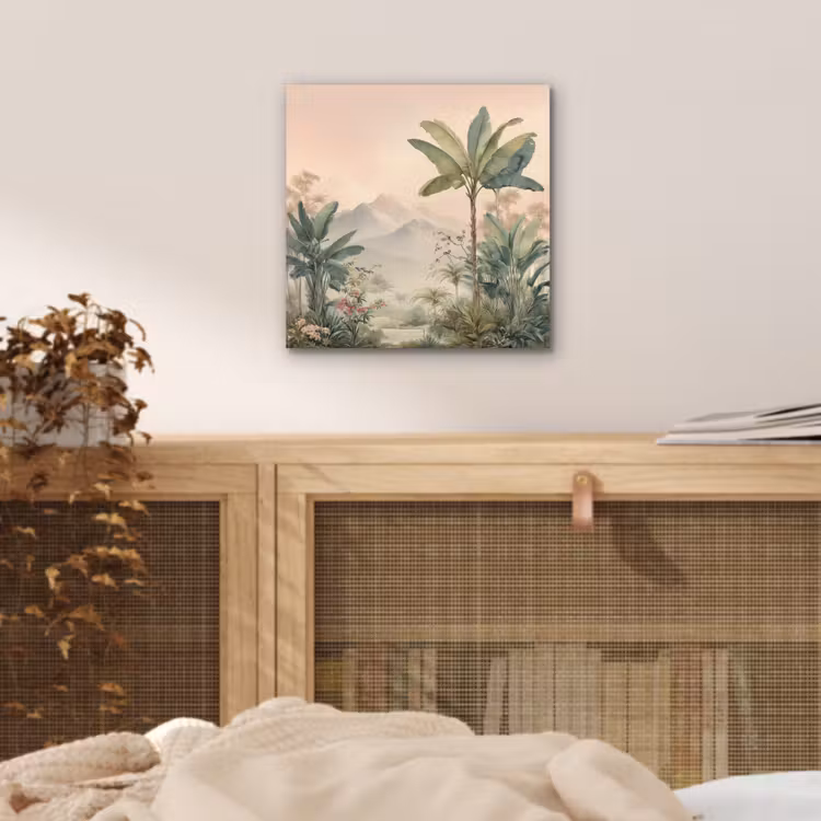 Tropisch landschap - palmbomen - Bloemen - Roze lucht aluminium wit klein -sfeer3