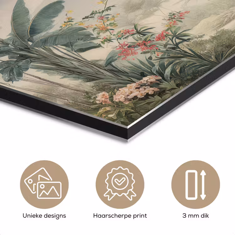Tropisch landschap - palmbomen - Bloemen - Roze lucht aluminium wit klein -closeup_NL